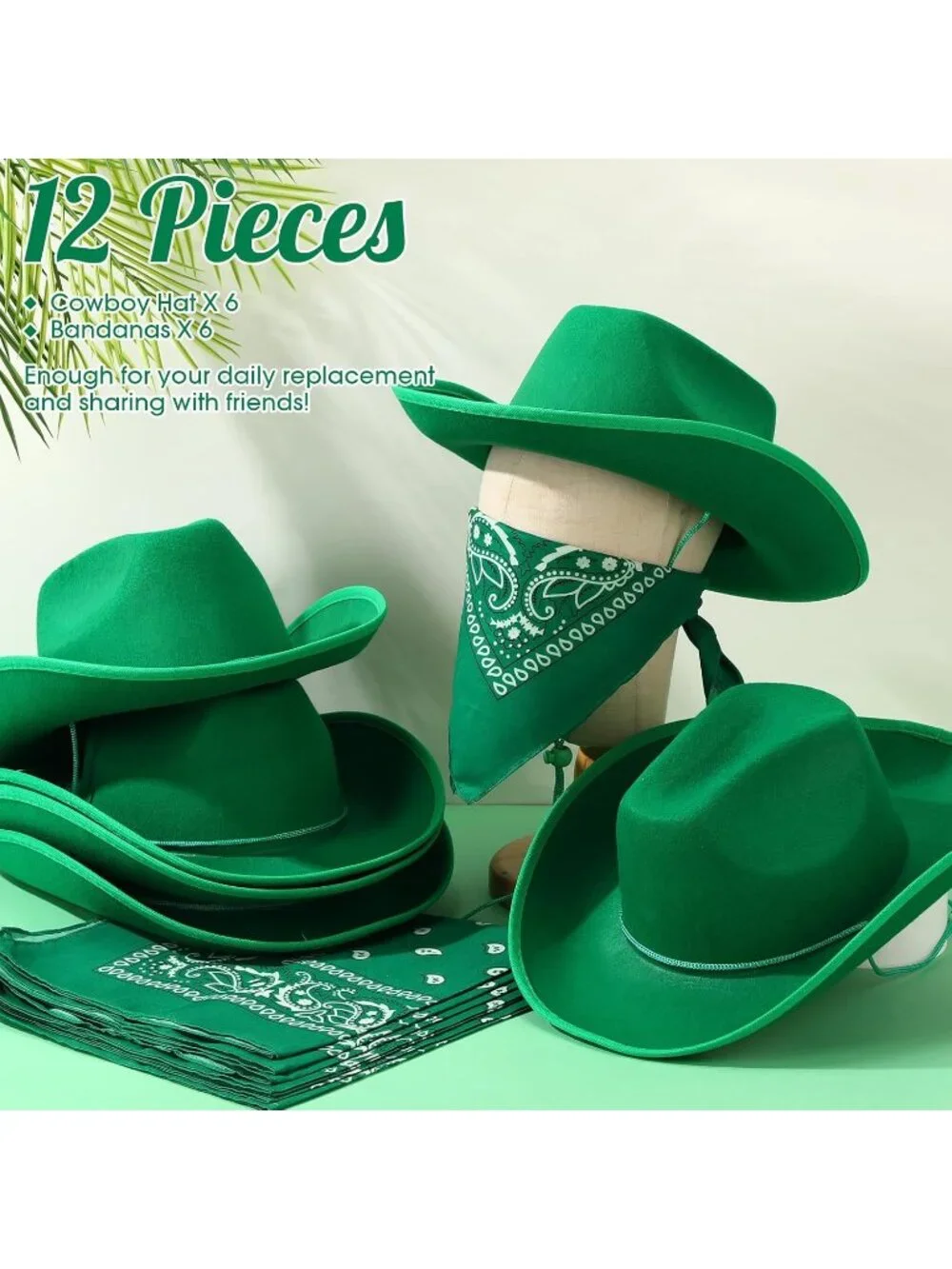 Men's Green Bandanas Bulk Adjustable Felt Western Cowboy Cowgirl Hat 12 Pcs